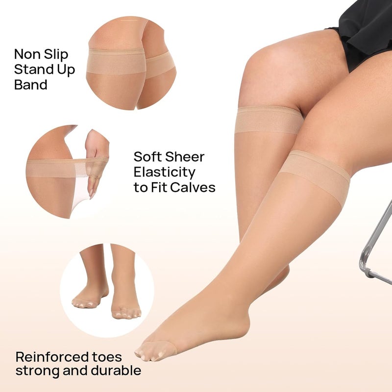 MANZI 10 Pairs Plus Size Knee High Stockings for Women 15D Sheer Nylons Socks with Wide Calf - Image 4